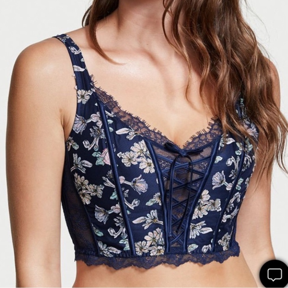 Victoria's Secret Dream Angels Unlined Embroidered Lace Up Top M Medium B Navy